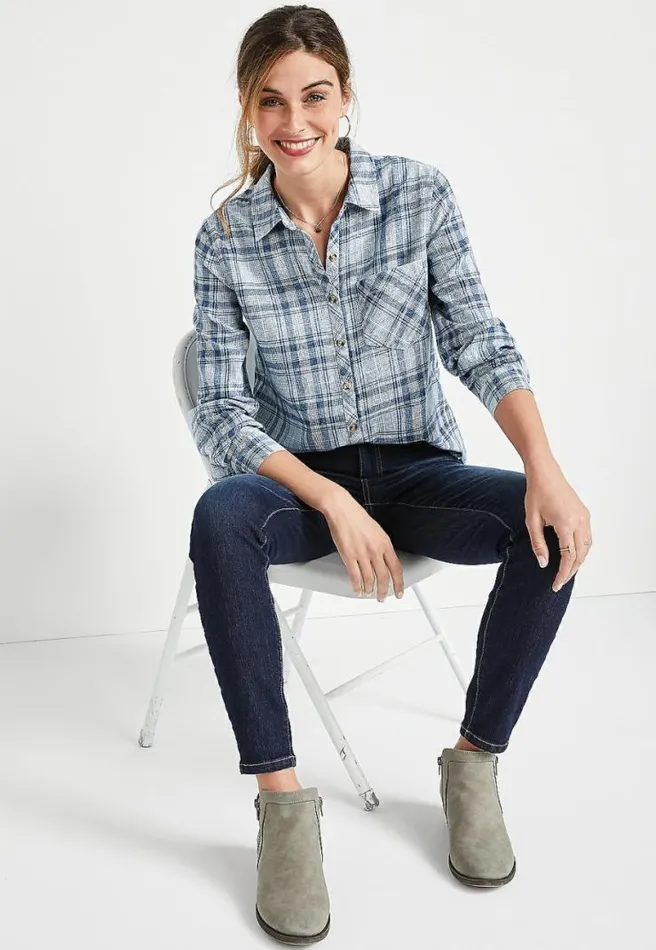 Blue Plaid Button Down Shirt Women Maurices Tops
