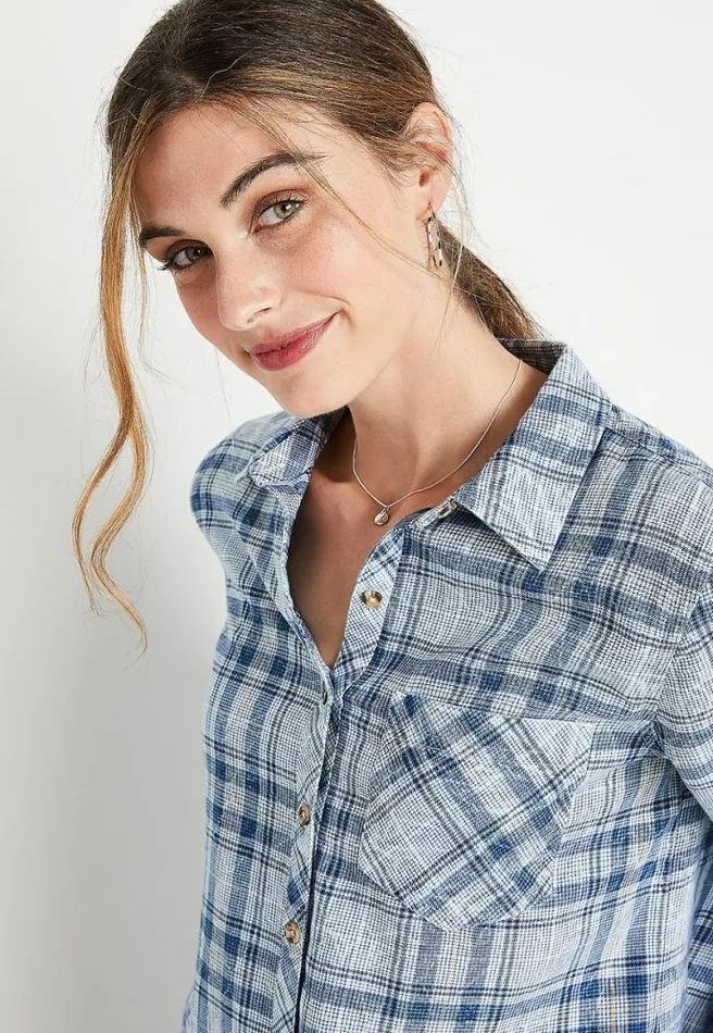 Blue Plaid Button Down Shirt Women Maurices Tops