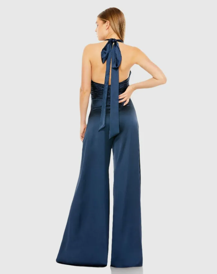 Blue Ruched Halter Top Wide Leg Satin Jumpsuit Sapphire Women Jumpsuits and Rompers Mac Duggal