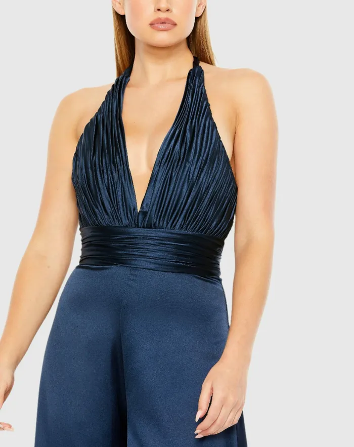 Blue Ruched Halter Top Wide Leg Satin Jumpsuit Sapphire Women Jumpsuits and Rompers Mac Duggal