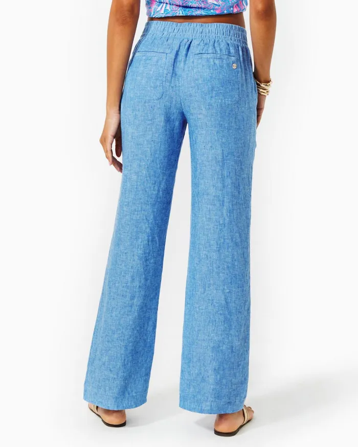 Bottoms Women Lilly Pulitzer 31034 Deri Linen Palazzo Pant Beckon Blue X Sea Salt Blue