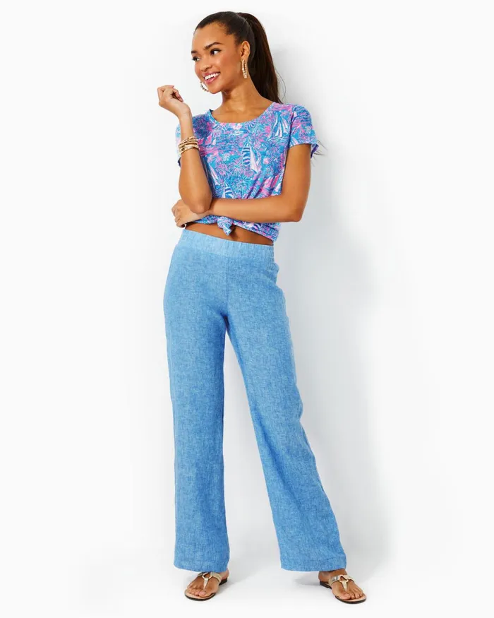 Bottoms Women Lilly Pulitzer 31034 Deri Linen Palazzo Pant Beckon Blue X Sea Salt Blue Bottoms Women Lilly Pulitzer 31034 Deri Linen Palazzo Pant Beckon Blue X Sea Salt Blue