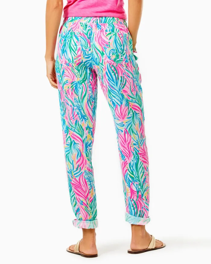 Bottoms Women Lilly Pulitzer 31034 Taron MidRise Linen Pant Multi Sea Turtle Soiree