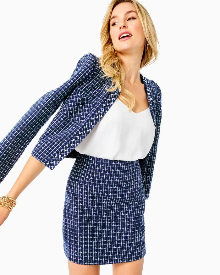 Bottoms Women Lilly Pulitzer Adler Mini Skirt Low Tide Navy Fantasy Checkerboard Tweed Bottoms Women Lilly Pulitzer Adler Mini Skirt Low Tide Navy Fantasy Checkerboard Tweed
