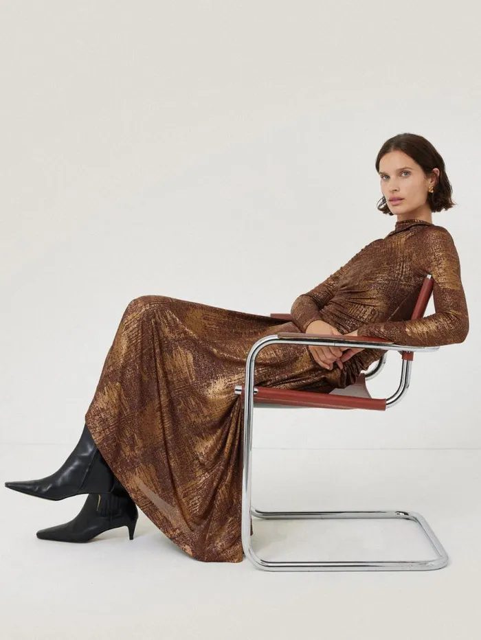 Brushed Bronze Draped Dress Bronze Women Jigsaw Dresses and Jumpsuits