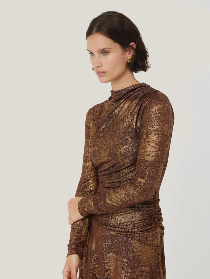 Brushed Bronze Draped Dress Bronze Women Jigsaw Dresses and Jumpsuits