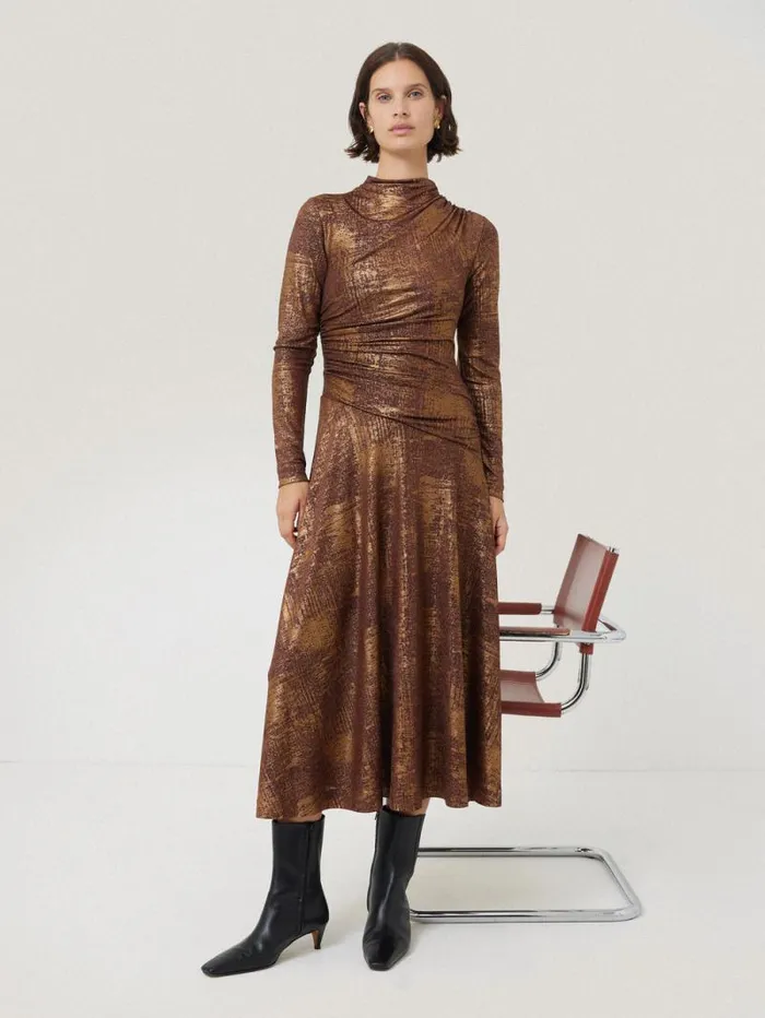 Brushed Bronze Draped Dress Bronze Women Jigsaw Dresses and Jumpsuits