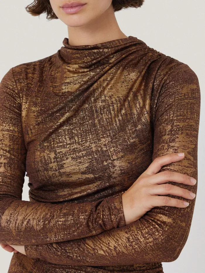 Brushed Bronze Draped Dress Bronze Women Jigsaw Dresses and Jumpsuits