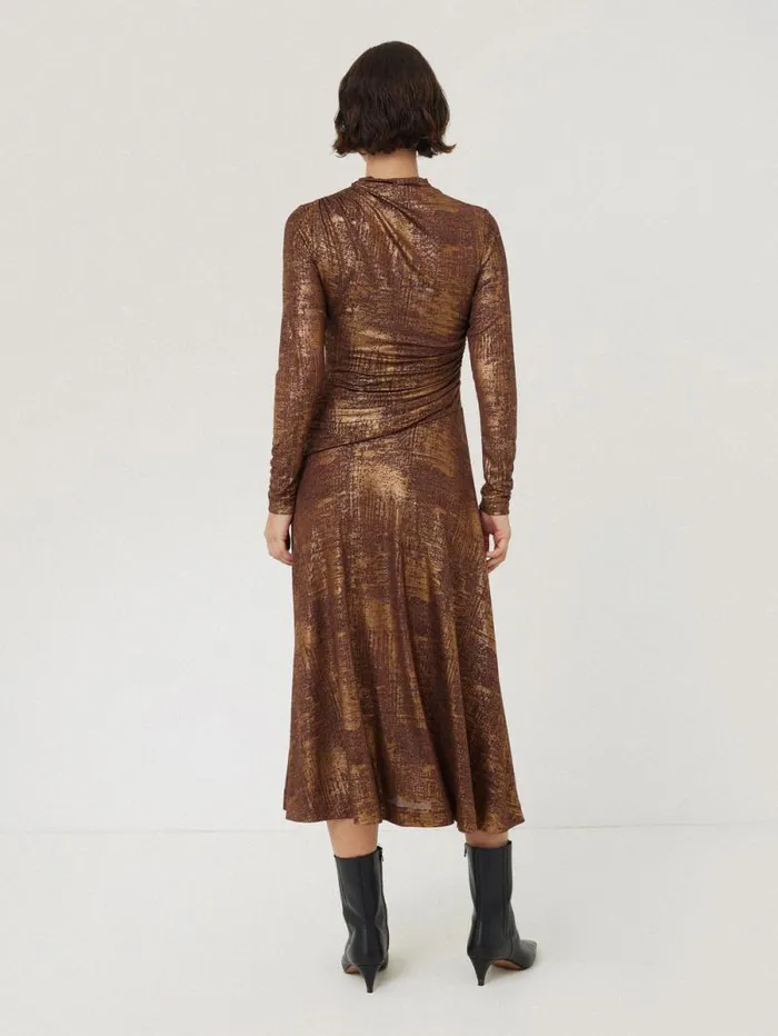 Brushed Bronze Draped Dress Bronze Women Jigsaw Dresses and Jumpsuits
