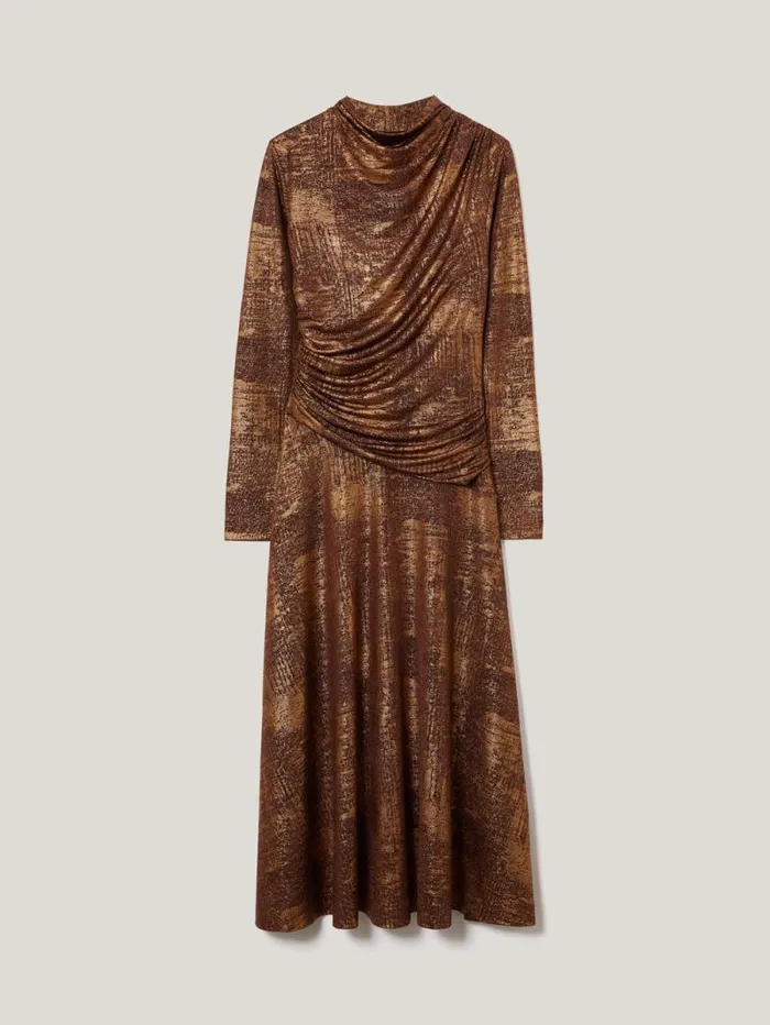 Brushed Bronze Draped Dress Bronze Women Jigsaw Dresses and Jumpsuits