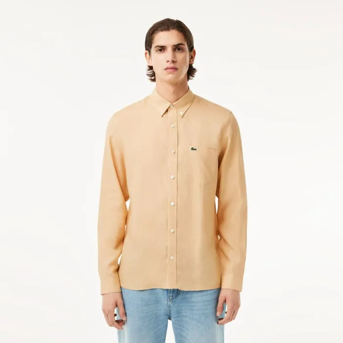 Button Down Shirts Men Lacoste Mens Linen Shirt Beige Ixq
