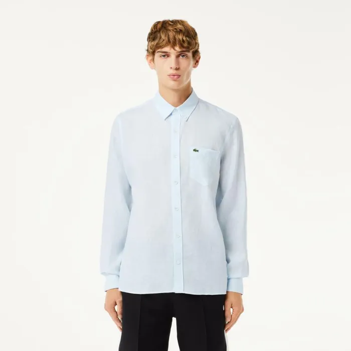 Button Down Shirts Men Lacoste Mens Linen Shirt Light Blue T01