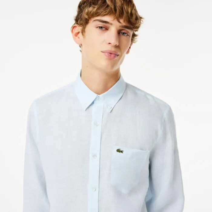 Button Down Shirts Men Lacoste Mens Linen Shirt Light Blue T01