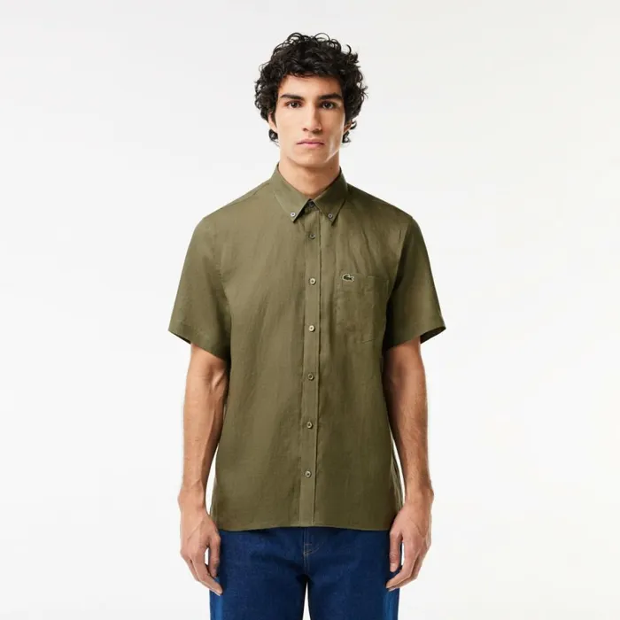 Button Down Shirts Men Lacoste Mens Short Sleeve Linen Shirt Khaki Green 316