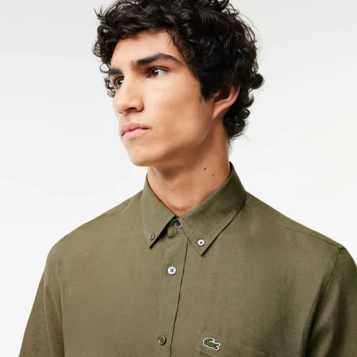 Button Down Shirts Men Lacoste Mens Short Sleeve Linen Shirt Khaki Green 316