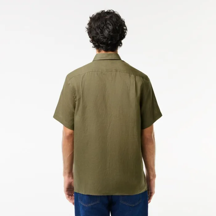 Button Down Shirts Men Lacoste Mens Short Sleeve Linen Shirt Khaki Green 316
