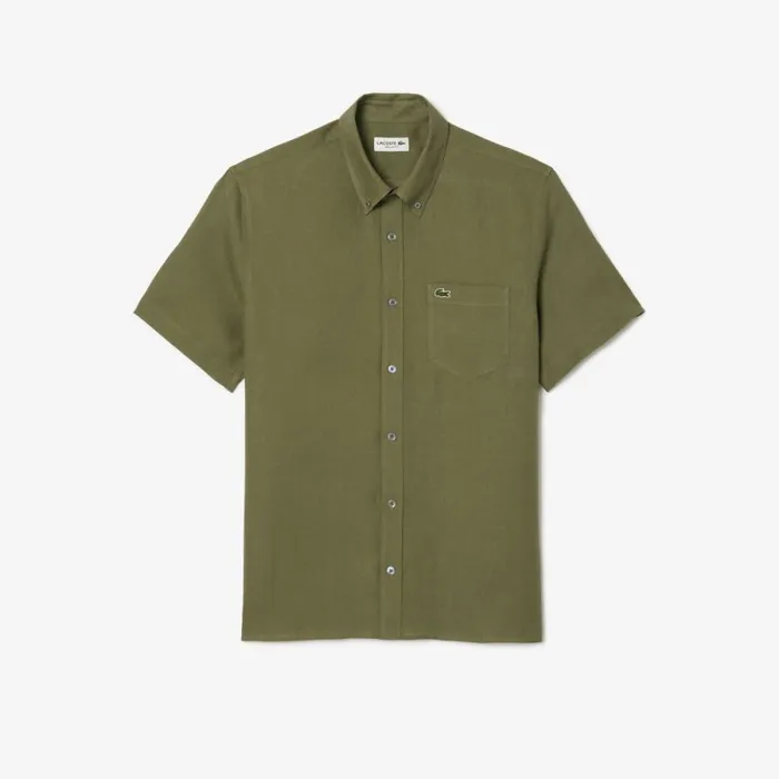 Button Down Shirts Men Lacoste Mens Short Sleeve Linen Shirt Khaki Green 316