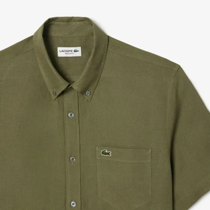 Button Down Shirts Men Lacoste Mens Short Sleeve Linen Shirt Khaki Green 316