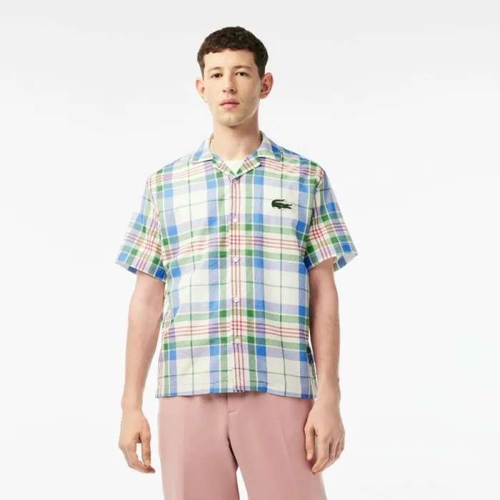Button Down Shirts Men Lacoste Mens Short Sleeve Organic Cotton Check Shirt White 2cq