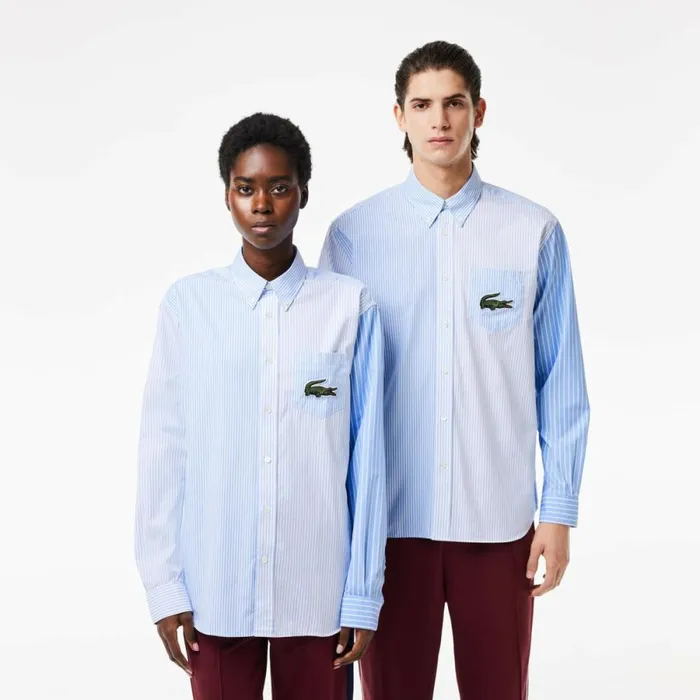 Button Down Shirts MenWomen Lacoste Unisex Large Croc Striped Cotton Shirt White Blue F6z