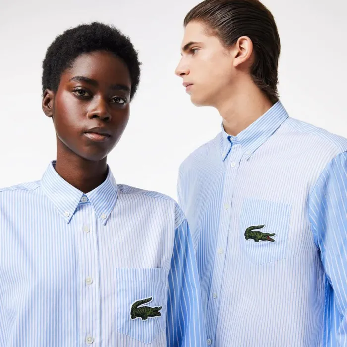 Button Down Shirts MenWomen Lacoste Unisex Large Croc Striped Cotton Shirt White Blue F6z