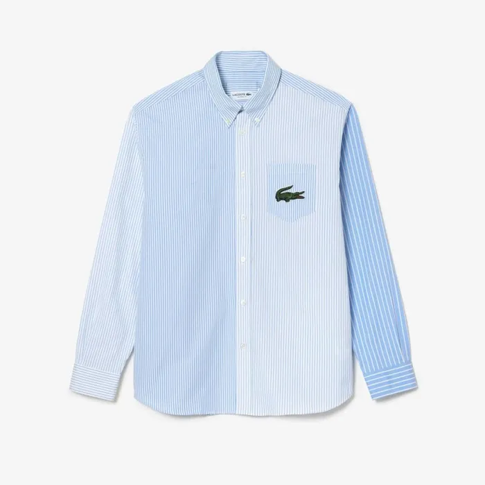 Button Down Shirts MenWomen Lacoste Unisex Large Croc Striped Cotton Shirt White Blue F6z