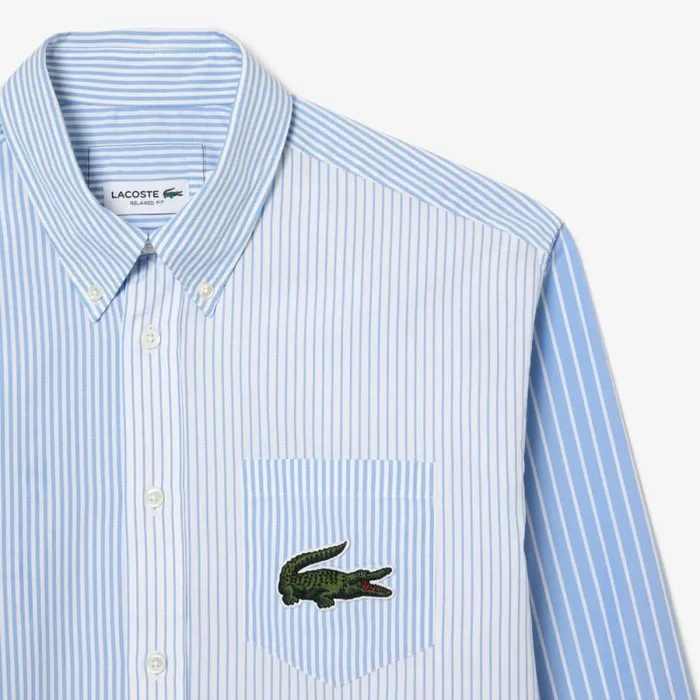 Button Down Shirts MenWomen Lacoste Unisex Large Croc Striped Cotton Shirt White Blue F6z