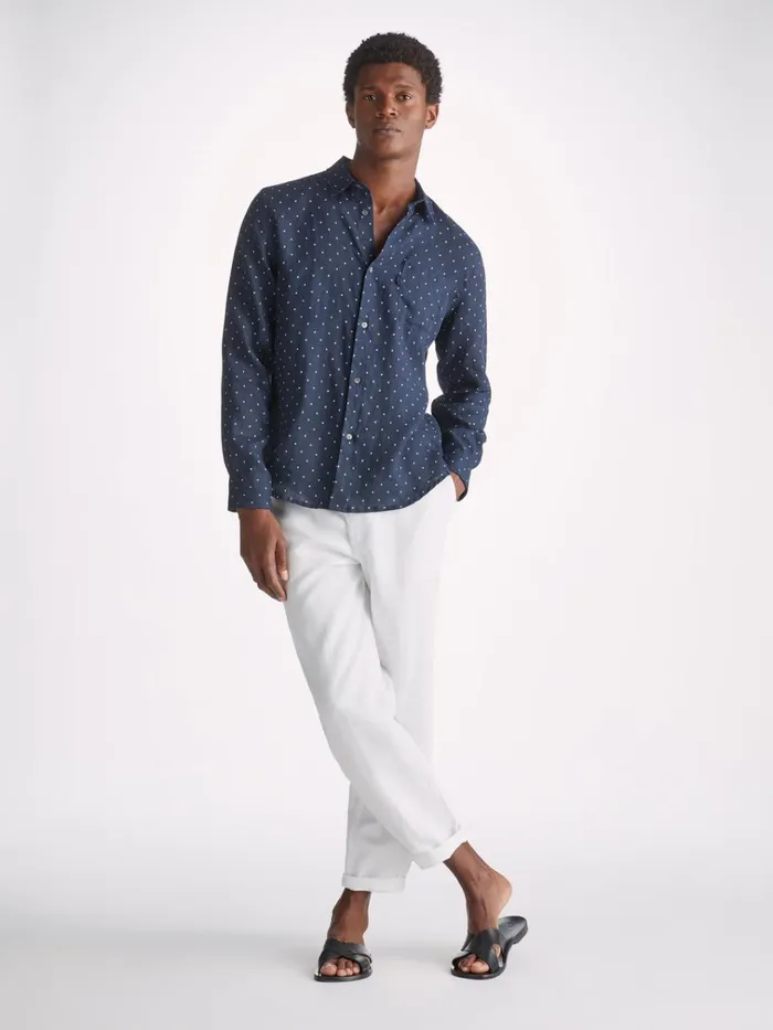 Casual Shirts Men Derek Rose Shirt Milan 22 Linen Navy