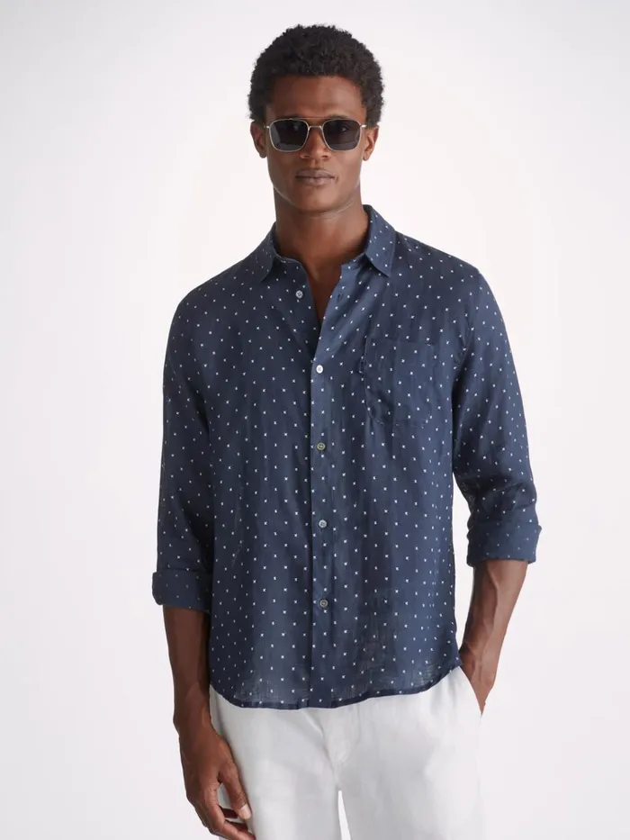 Casual Shirts Men Derek Rose Shirt Milan 22 Linen Navy