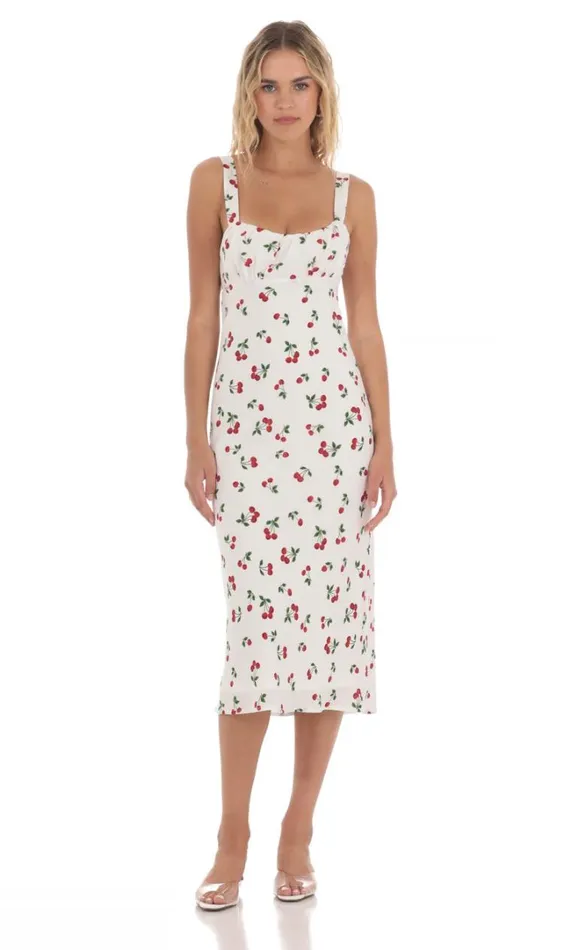 Cherry Back Ties Midi Dress White Women LUCY IN THE SKY Midi Dresses Cherry Back Ties Midi Dress White Women LUCY IN THE SKY Midi Dresses
