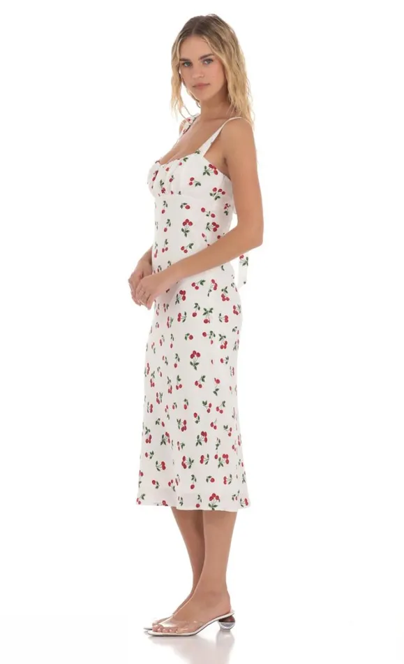 Cherry Back Ties Midi Dress White Women LUCY IN THE SKY Midi Dresses Cherry Back Ties Midi Dress White Women LUCY IN THE SKY Midi Dresses