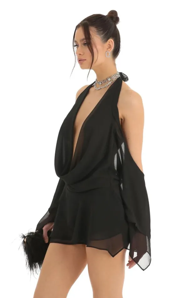 Chiffon Draped Cowl Neck Dress Black Women LUCY IN THE SKY Mini Dresses Chiffon Draped Cowl Neck Dress Black Women LUCY IN THE SKY Mini Dresses