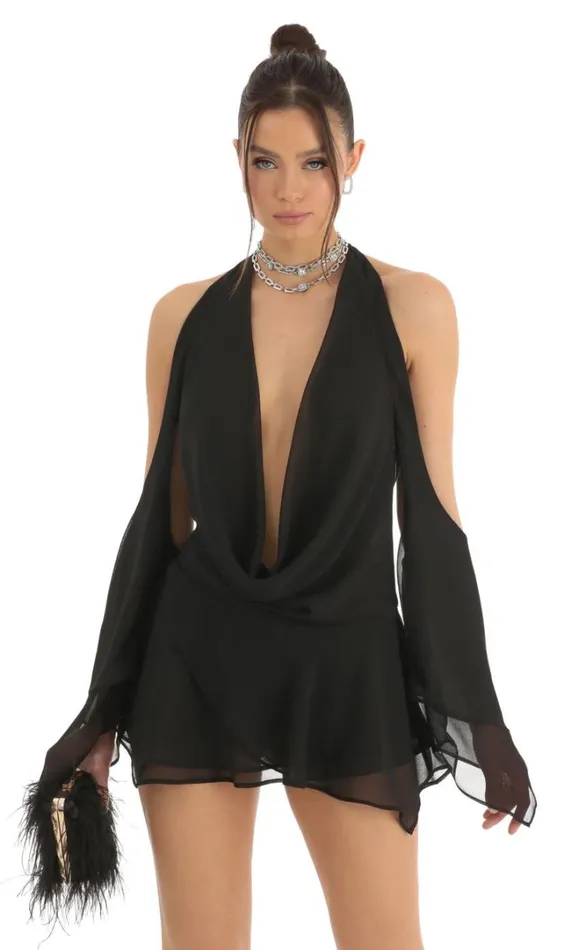 Chiffon Draped Cowl Neck Dress Black Women LUCY IN THE SKY Mini Dresses Chiffon Draped Cowl Neck Dress Black Women LUCY IN THE SKY Mini Dresses