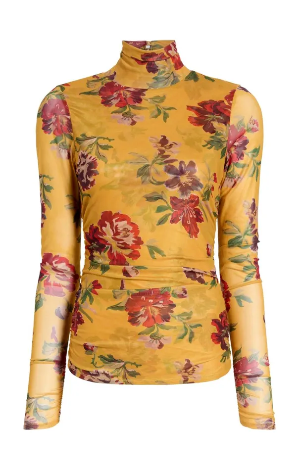 Cinq Sept Brigitte Floral Shirred Mesh Turtleneck Deepgoldmulti Women Long Sleeve Tops