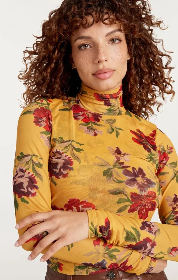 Cinq Sept Brigitte Floral Shirred Mesh Turtleneck Deepgoldmulti Women Long Sleeve Tops