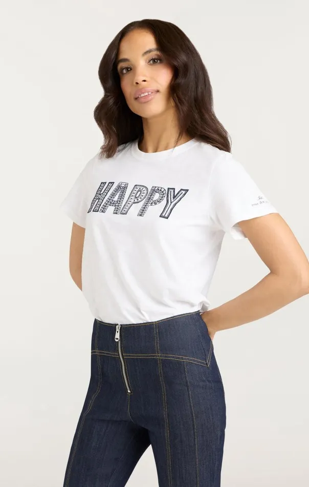 Cinq Sept Embroidered Happy Tee Whitenavy Women Tees