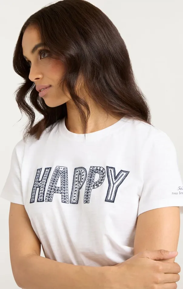 Cinq Sept Embroidered Happy Tee Whitenavy Women Tees