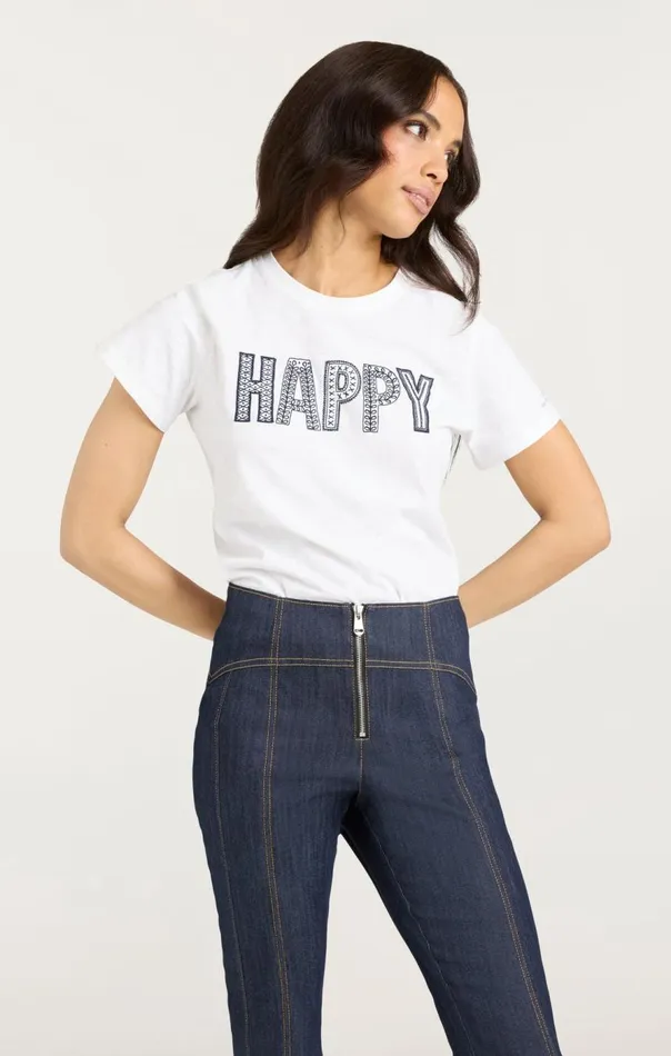 Cinq Sept Embroidered Happy Tee Whitenavy Women Tees