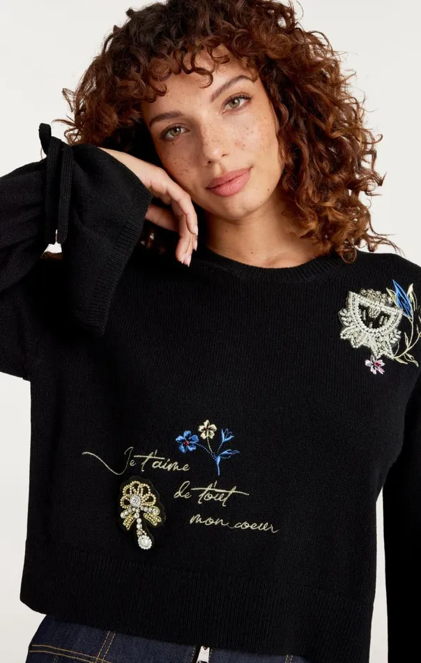 Cinq Sept Heritage Patch Tasha Pullover Blackmulti Women Sweaters and Knits
