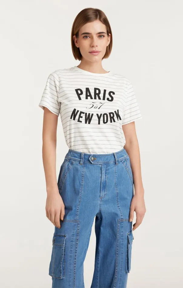 Cinq Sept Melange Stripe Paris New York Tee Ivoryheathergrey Women Tees