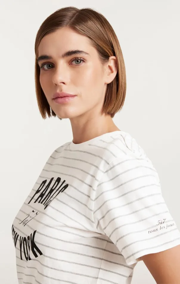 Cinq Sept Melange Stripe Paris New York Tee Ivoryheathergrey Women Tees