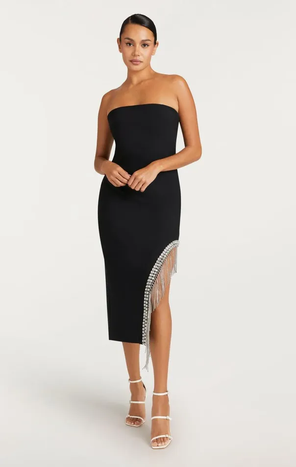Cinq Sept Rhinestone Fringe Sammy Dress Black Women Midi