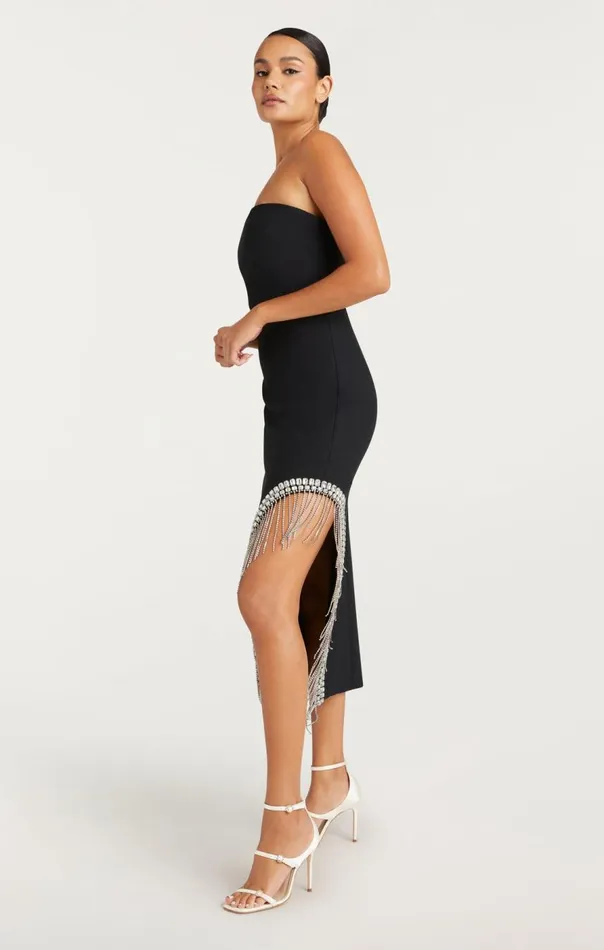 Cinq Sept Rhinestone Fringe Sammy Dress Black Women Midi