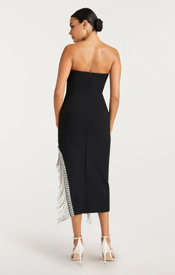 Cinq Sept Rhinestone Fringe Sammy Dress Black Women Midi