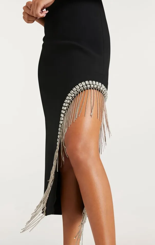 Cinq Sept Rhinestone Fringe Sammy Dress Black Women Midi