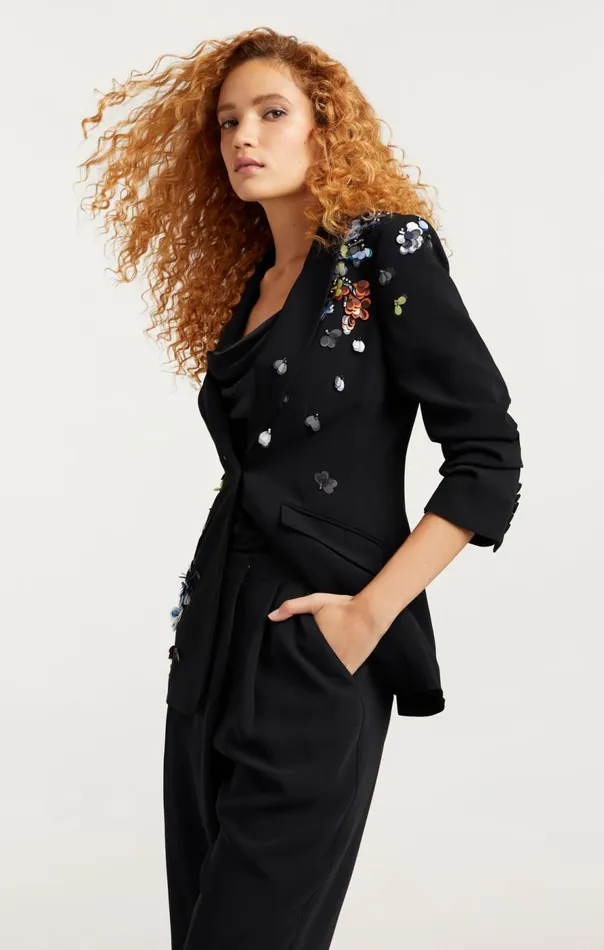 Cinq Sept Sequin Flower Scrunched Cheyenne Blazer Blackmulti Women Jackets