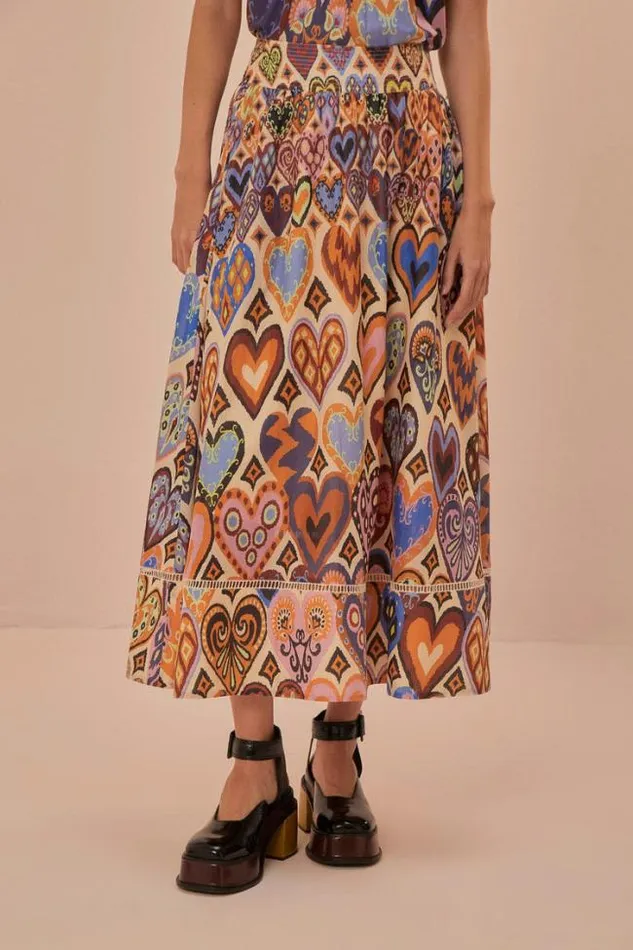 Cream Hearts Ikat Midi Skirt Women FARM Rio Skirts