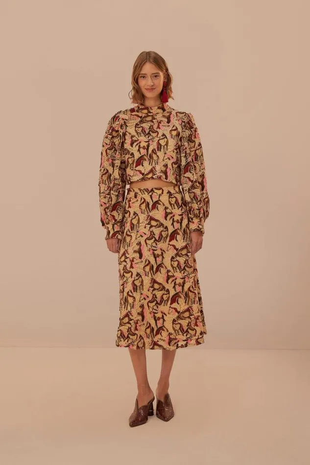 Cream Horses Guipure Midi Skirt Women FARM Rio Skirts