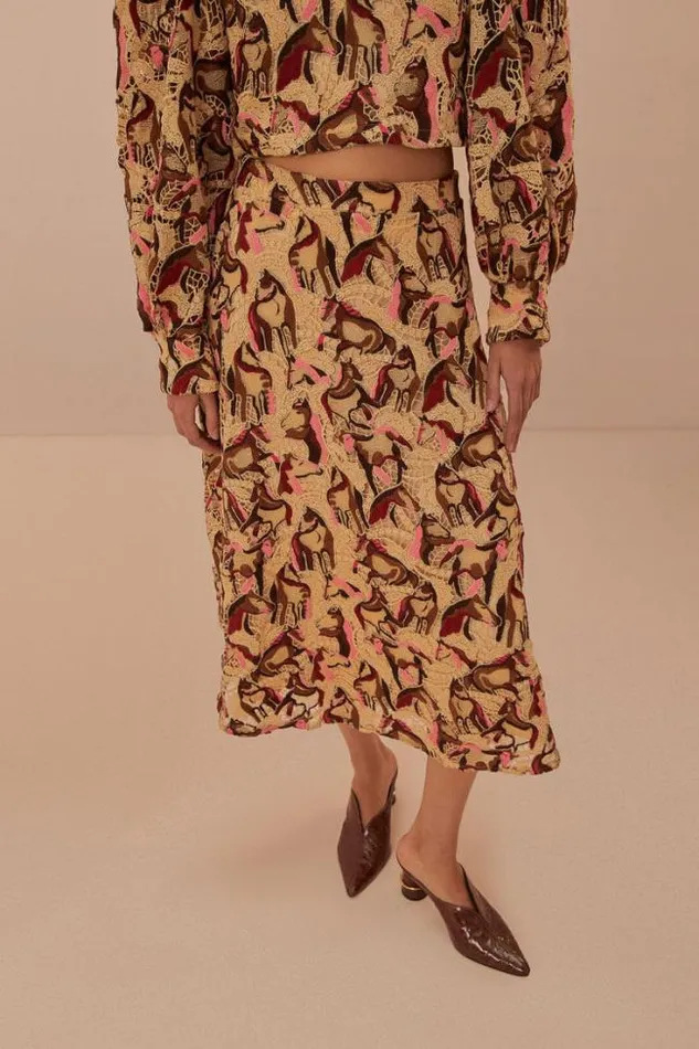 Cream Horses Guipure Midi Skirt Women FARM Rio Skirts