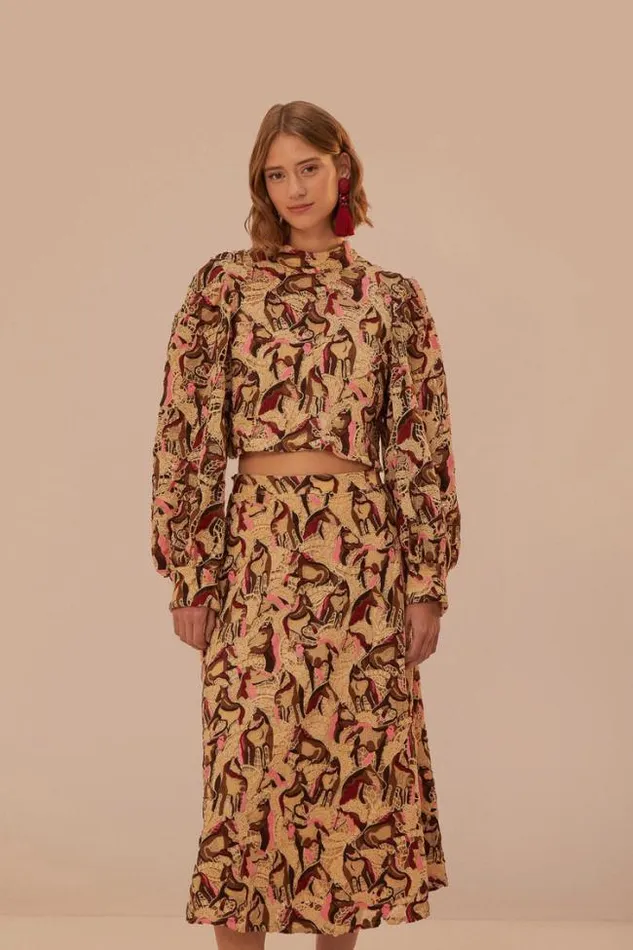 Cream Horses Guipure Midi Skirt Women FARM Rio Skirts